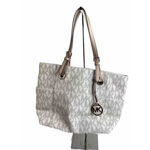 MICHAEL KORS Her Set Logo VANILLA WHITE PVC TOTE Shopper Gold Trim Large Purse